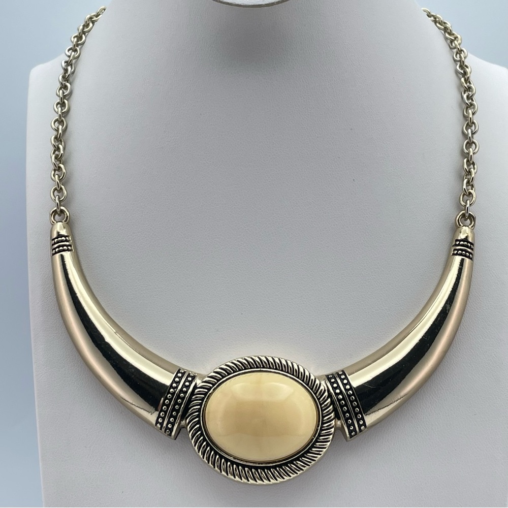 Gold Tone Horn Collar Necklace w/ Cream Center Stone Statement Piece
